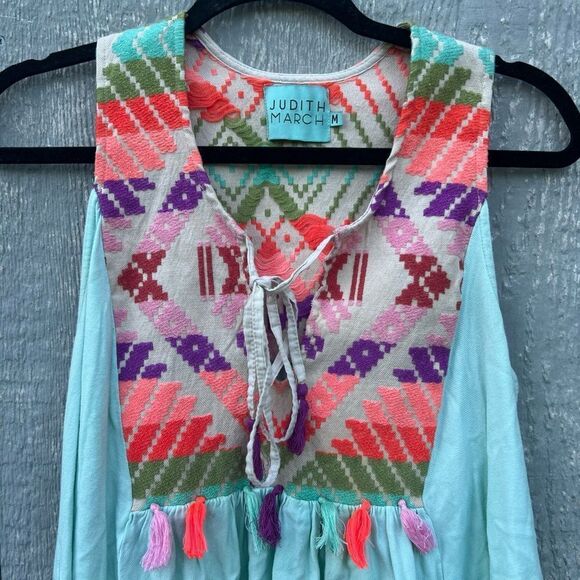Judith March Embroidered A-Line Boho Swing Tank Top Sz med Multicolor Tassels - Picture 5 of 5